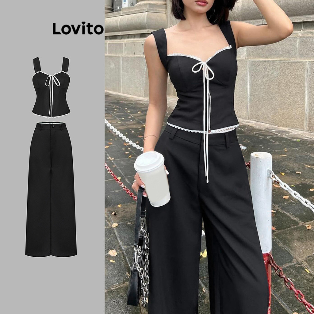 Lovito Tops ou calças femininas casuais com laço Colorblock liso L112ED048 - Women Clothes