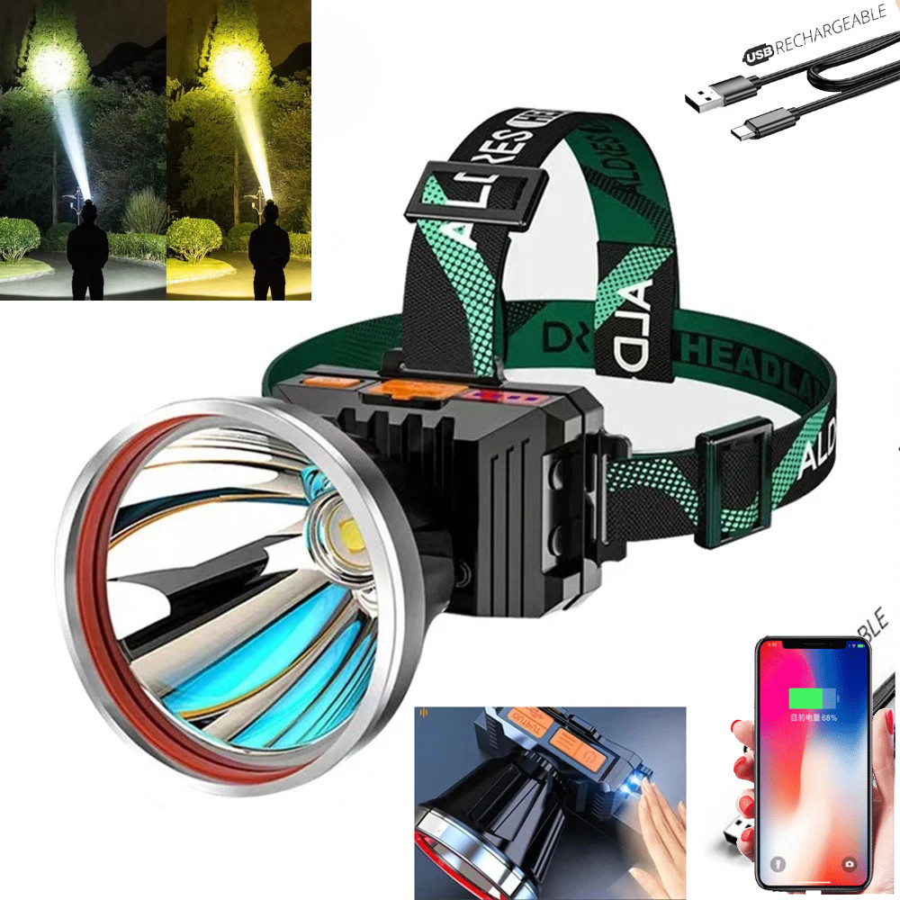 Super Brilhante Farol Amarelo Luz Branca LED 3 Modos USB Recarregável Forte Cabeça Lanterna Para Pesca Ao Ar Livre