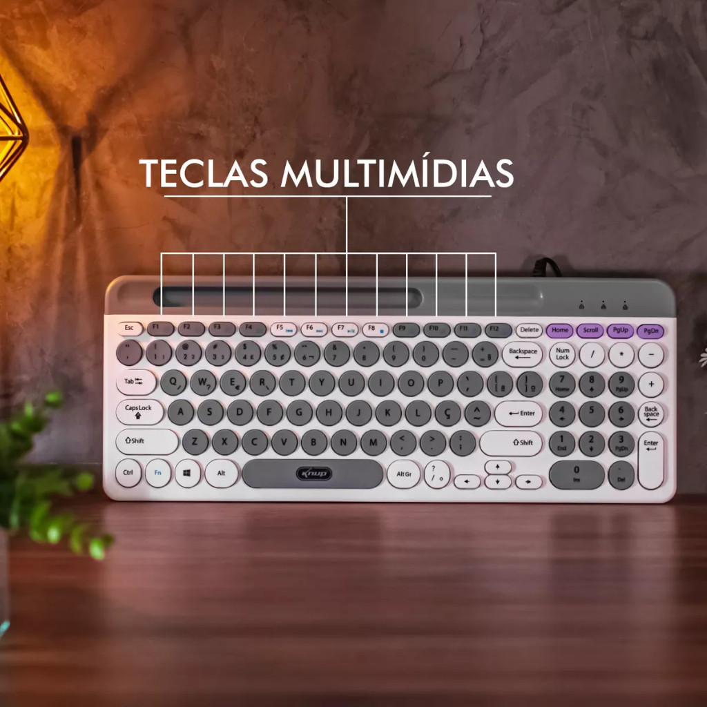 Teclado Multimídia Branco Pc Computador Fio Abnt2 Silencioso - detalhe