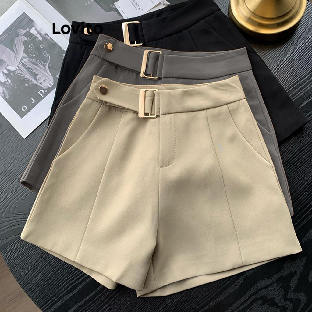 Lovito Shorts Casuais Lisos Assimétricos De Metal Com Bolso Para Mulheres LNL48148