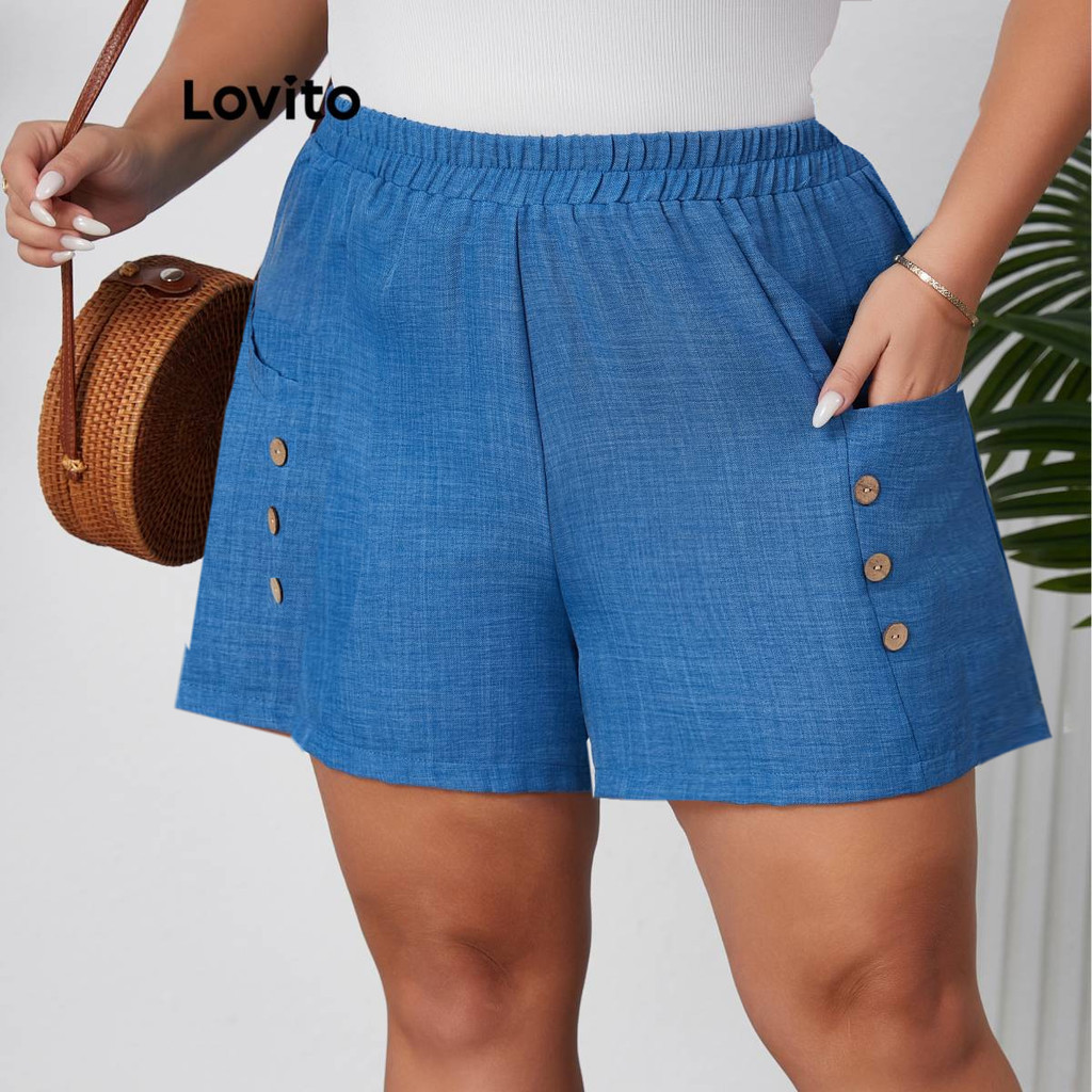 Lovito Plus Size Boho Simples Bolso Botão Shorts para Mulheres LBL19525 - Women Clothes