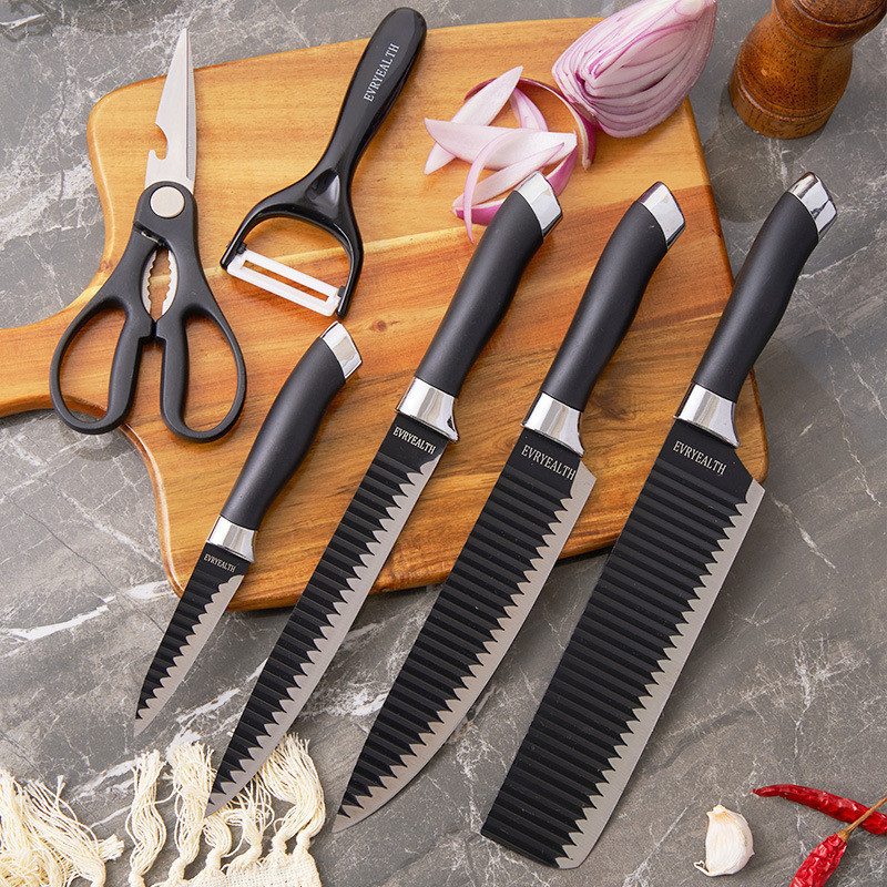 Kit 6 Peças Conjunto de Faca Churrasco Carne Legumes Descascador Tesoura Profissional