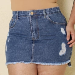 Saia Jeans Feminina Plus Size Barra Desfiada Cintura Alta