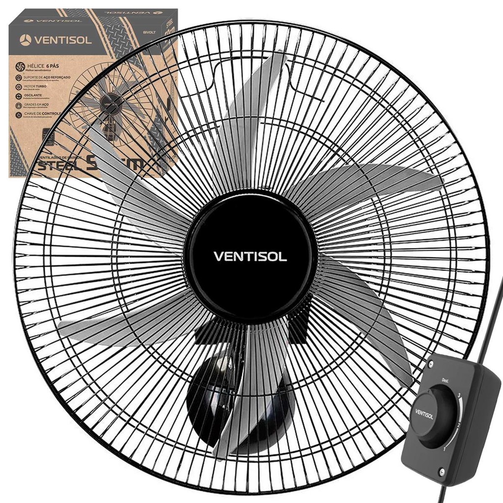 Ventilador de Parede Oscilante Ventisol Steel 50cm Premium 6 Pás Preto Motor de 200W Bivolt