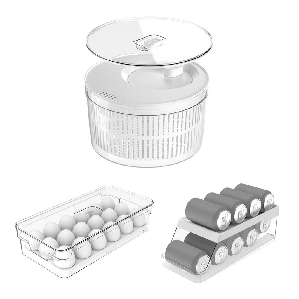 Conjunto 3 Organizadores de Geladeira Secador Transparente Clear Fresh Armário Cozinha Multifuncional Lata Ovos Salada