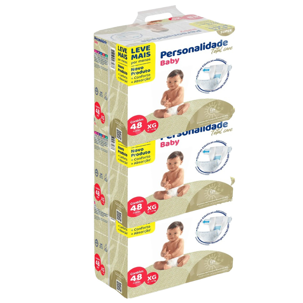 Kit 3 Fralda Descartável Personalidade Baby Total Care Bag - Tamanho XG - Total de 144 Unidades