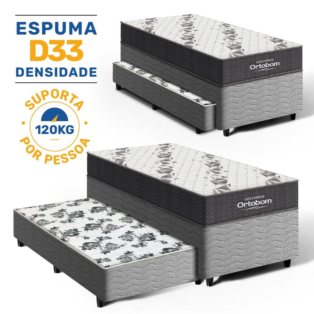 Cama Box com Colchão de Espuma D33  Ortobom Airtech 100 + Auxiliar de Molas Unique Solteiro 88cm em Oferta na Shopee