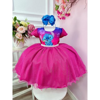 Vestido Lilo e Stitch De Festa Pink e Azul Com Glitter Angel Menina Luxo Colorido Aniversário em Oferta na Shopee