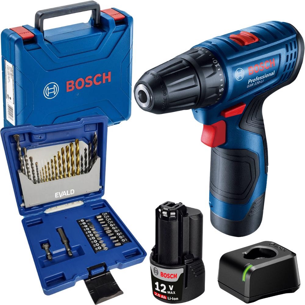 Parafusadeira com Bateria 12V GSR 120-LI e Estojo de 41 Peças de Brocas EV-EBB41 EVALD em Oferta na Shopee