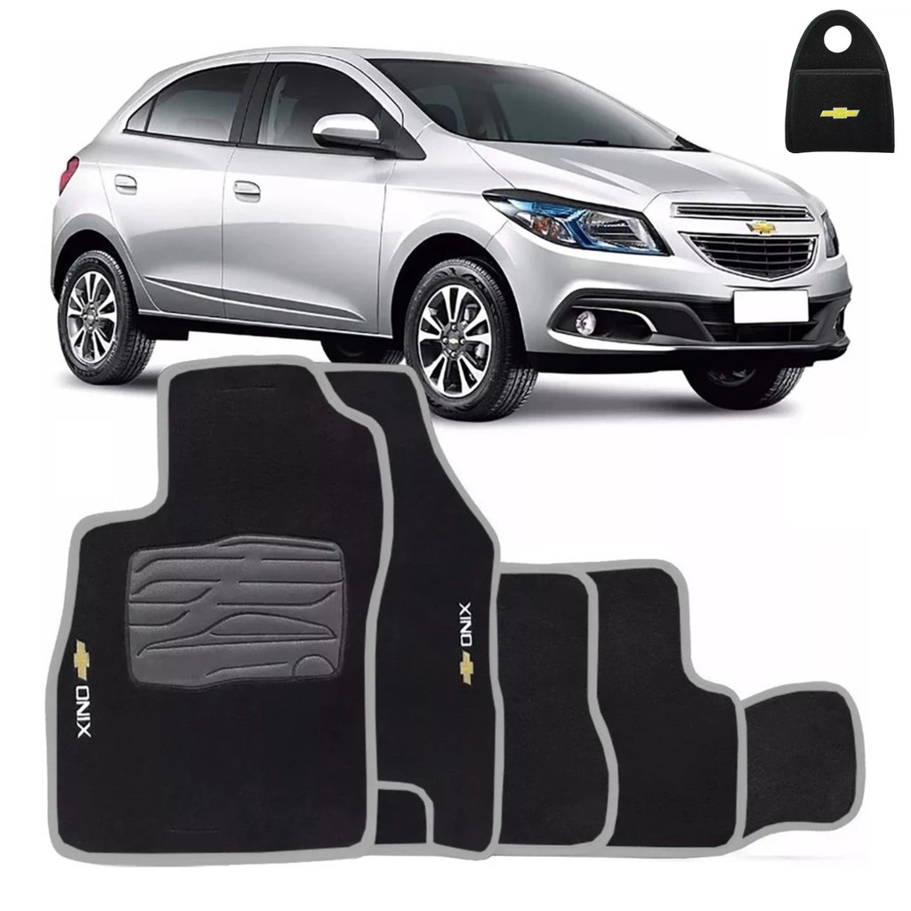 Jogo Tapete Carpete Gm Onix 2012 Até 2018 Cinza Logo Bordado + Lixeira