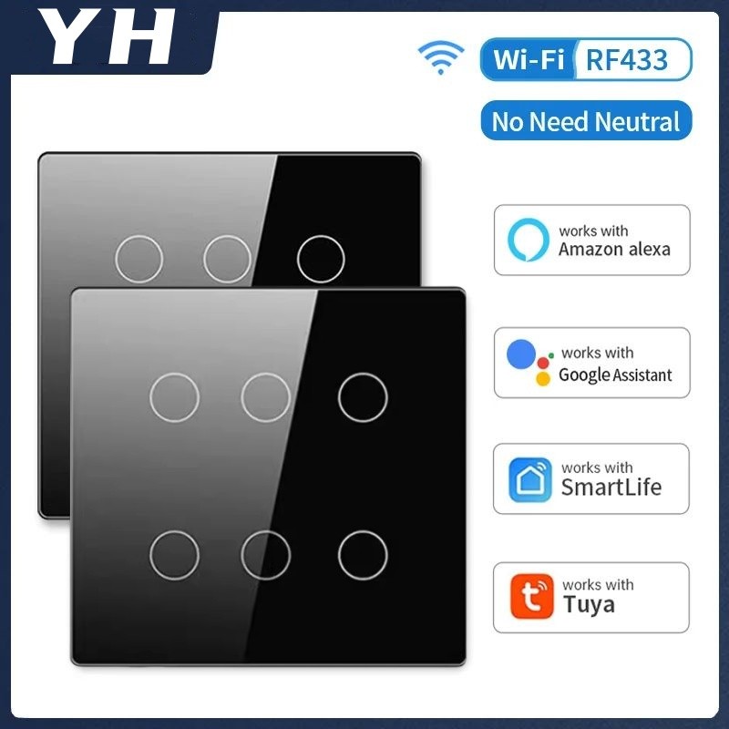 Interruptor Inteligente Preto WiFi 4x4 Vidro 2.5d 6 Botão Touch Alexa Google Home