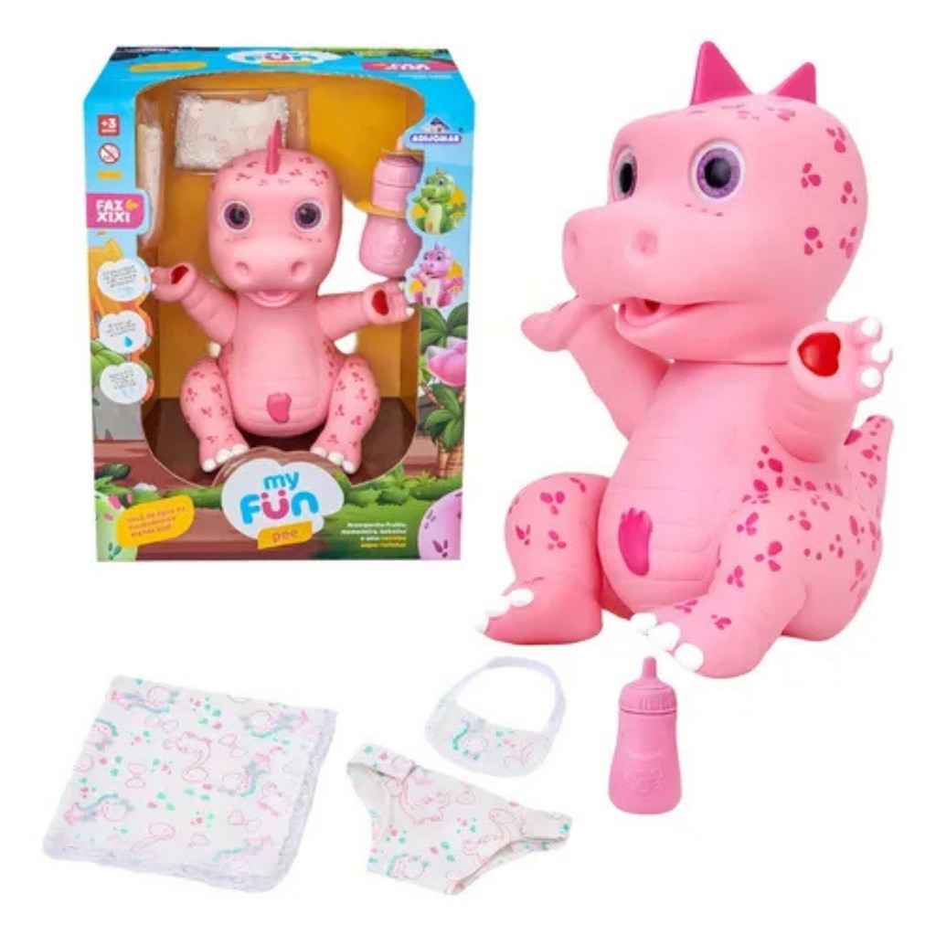 Boneco Dinossauro Rosa Girls Faz Xixi Mamadeira Fralda e Babador Adijomar em Oferta na Shopee