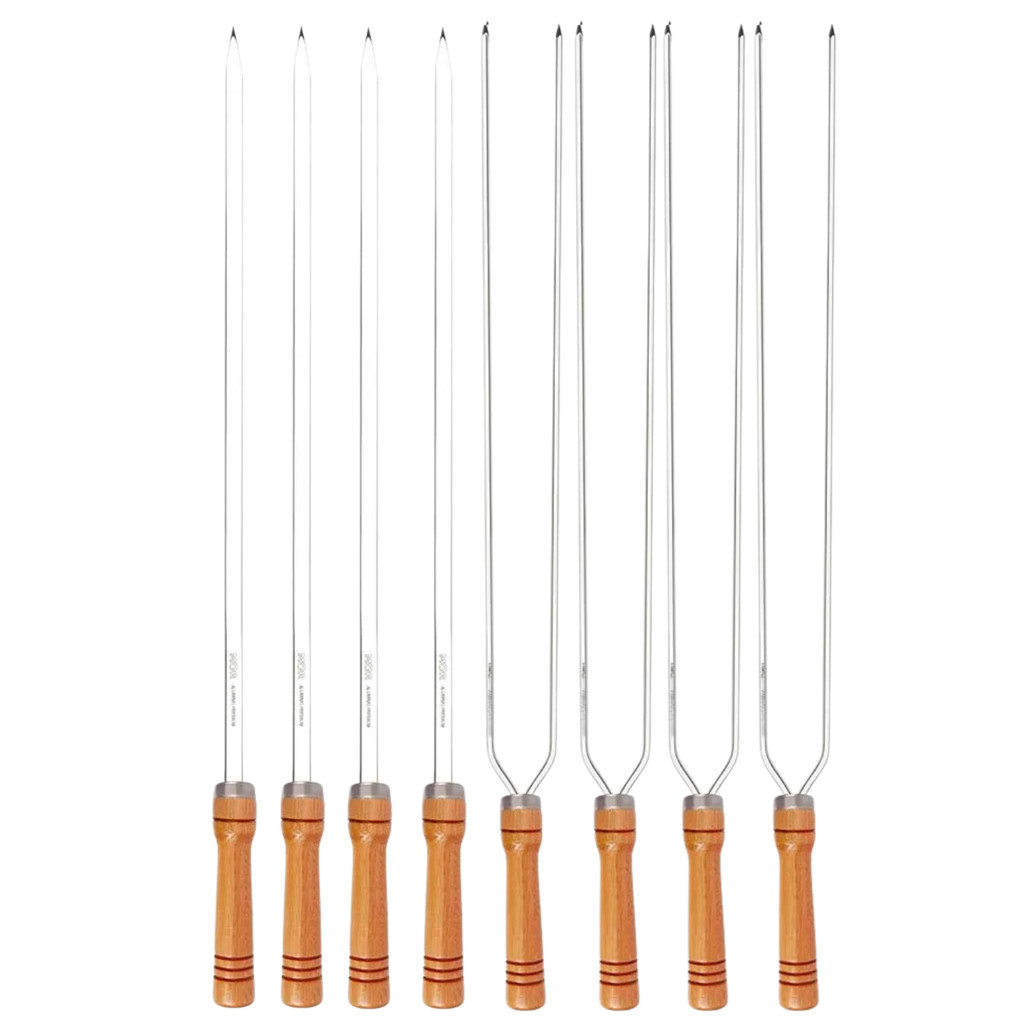 Kit 8 Espetos 75cm Preparo Churrasco Simples e Duplo Cabo Madeira Aço Cromado Mor em Oferta na Shopee