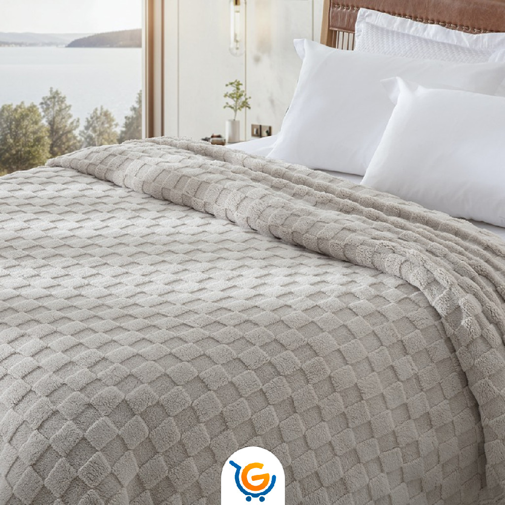 Cobertor Manta Casal Toque Macio Quadriculado Bege Dyuri Jacquard Soft Square 2,20mx1,80m - Home & Living