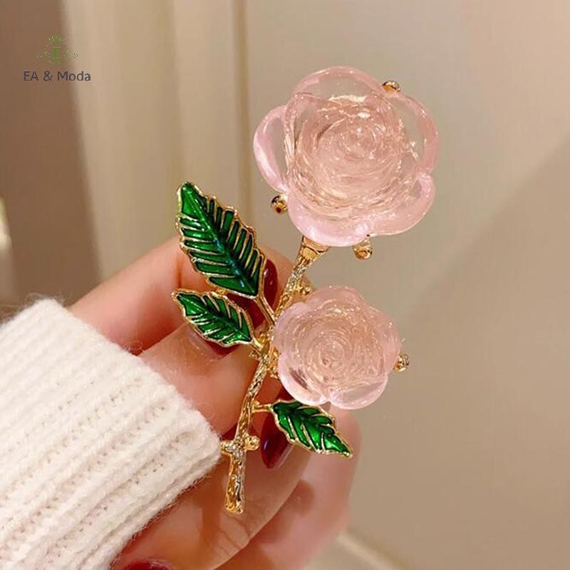 EA & Moda Vintage Rosa Flor Broche Para Mulheres Folhas Verdes Gelo Cristal Corsage Pinos Roupas Elegantes Jóias Acessór