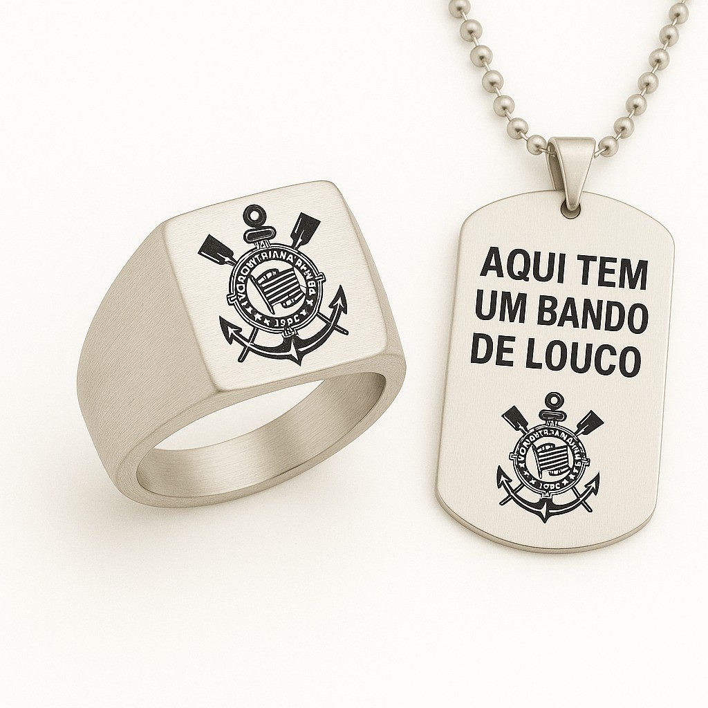 anel corinthians kit anel escudo e corrente 60cm banhado + gravação de nome