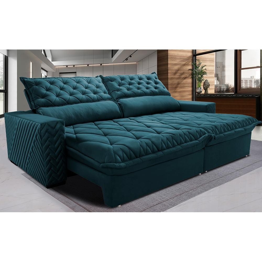 Sofá Retrátil e Reclinável 3,15m Molas Ensacadas Cama inBox Spazus com Bordado 3D Velusoft Petróleo em Oferta na Shopee