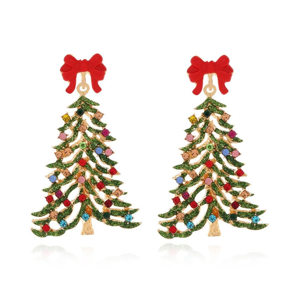 Brincos de pingente de árvore de Natal com diamante oco exagerado criativo, personalidade de Natal, brincos de diamante 