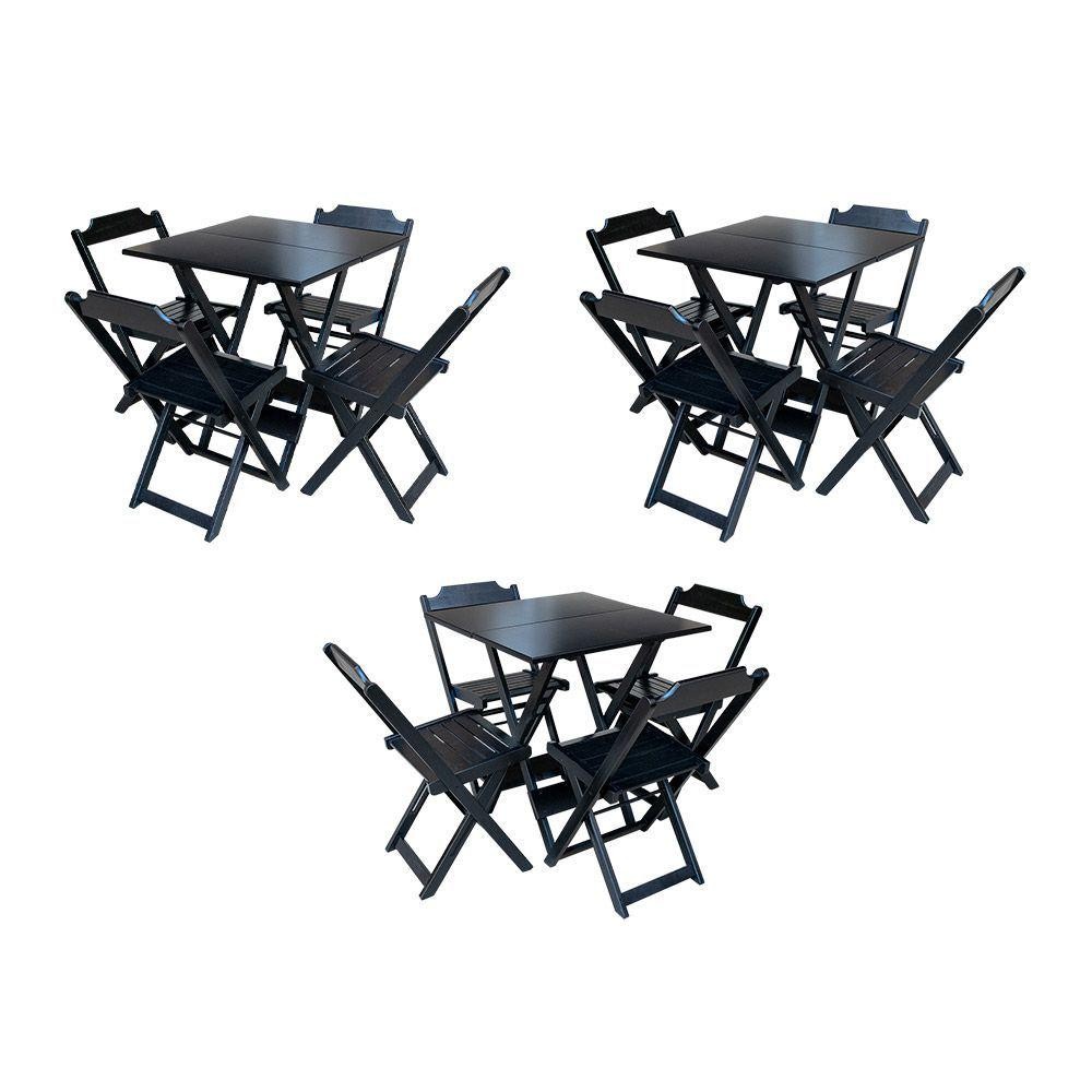 Kit 3 Conjuntos De Mesa Dobravel Com 4 Cadeiras De Madeira 70X70 Para Restaurante E Bar - Preto