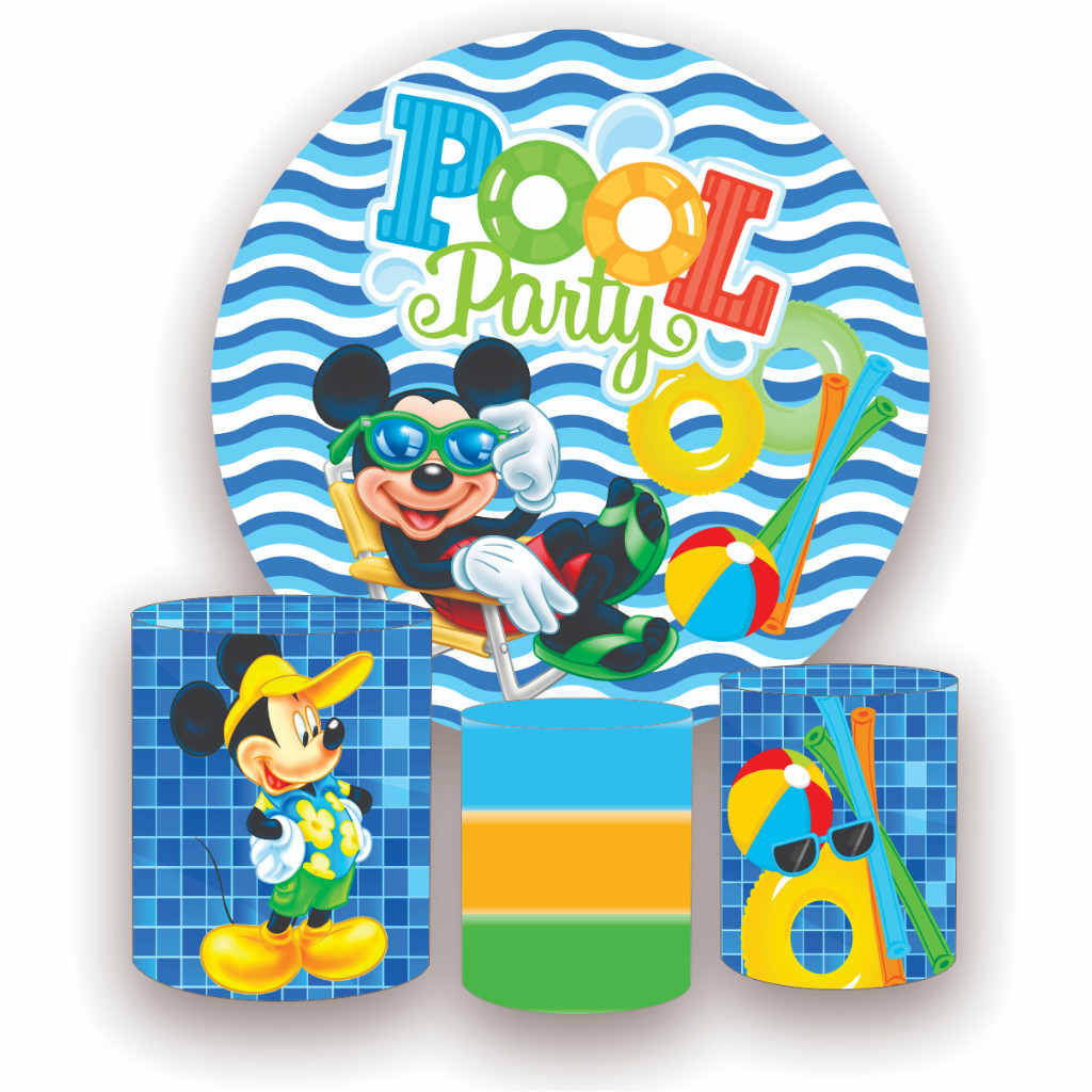 Kit Painel Redondo em tecido sublimado 1,5 + 3 Capas de Cilindros POOL PARTY MICKEY
