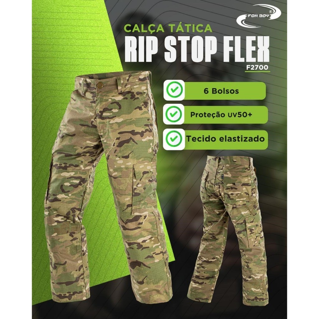 Calça Cargo Fox Boy Tática Tecido Elastizado Flex Rip Stop Com Elastano Resistência 6 Bolsos