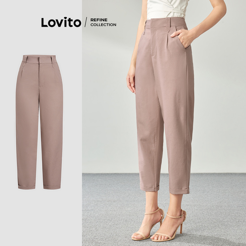 (KOL‘s pick) (Lovito Refine) Calça Elegante Simples com Botões para Mulheres LR1ED009 - Women Clothes