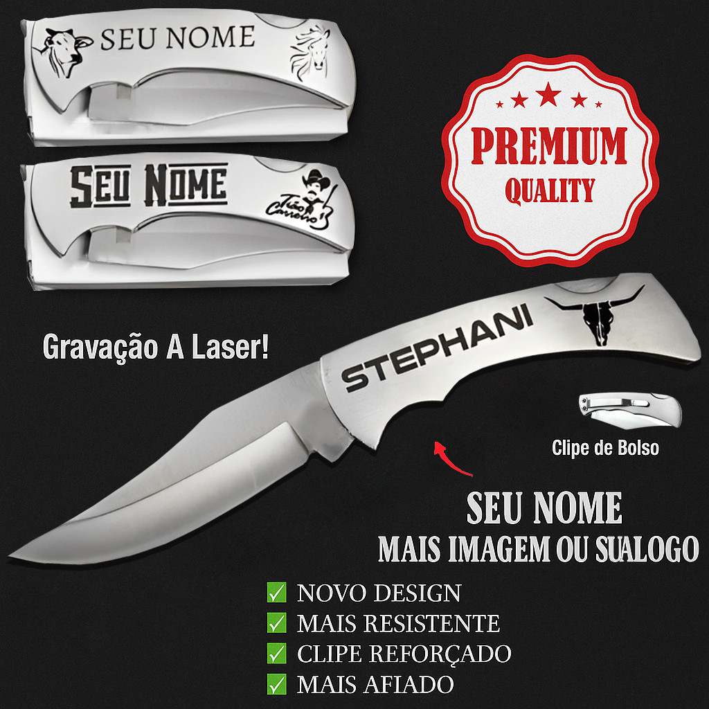 Canivete Inox Clip Bolso Estilo Zebu Personalizado Seu Nome e Logo