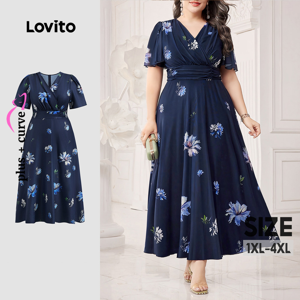 Lovito Vestido Plus Size curva elegante Ditsy Floral padrão franzido para mulheres LBL23549 - Women Clothes