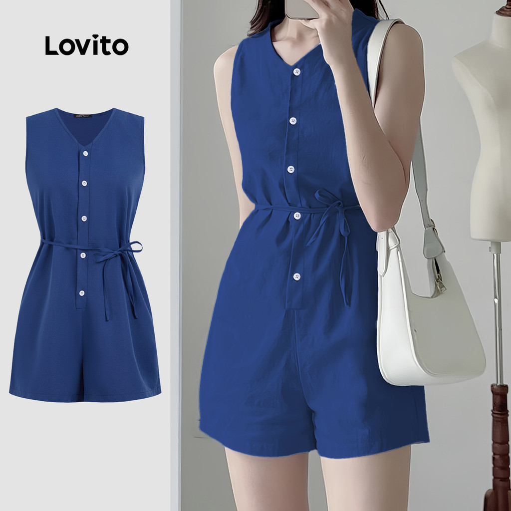 Lovito Macacão Casual liso com gravata frontal para mulheres L129AD1566 - Women Clothes