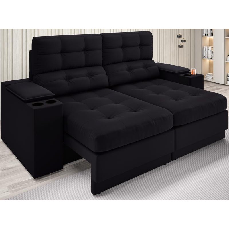 Sofá com Porta Copos e Carregador USB Eureka 1,70m Assento Retrátil e Reclinável Velosuede Preto - NETSOFAS
