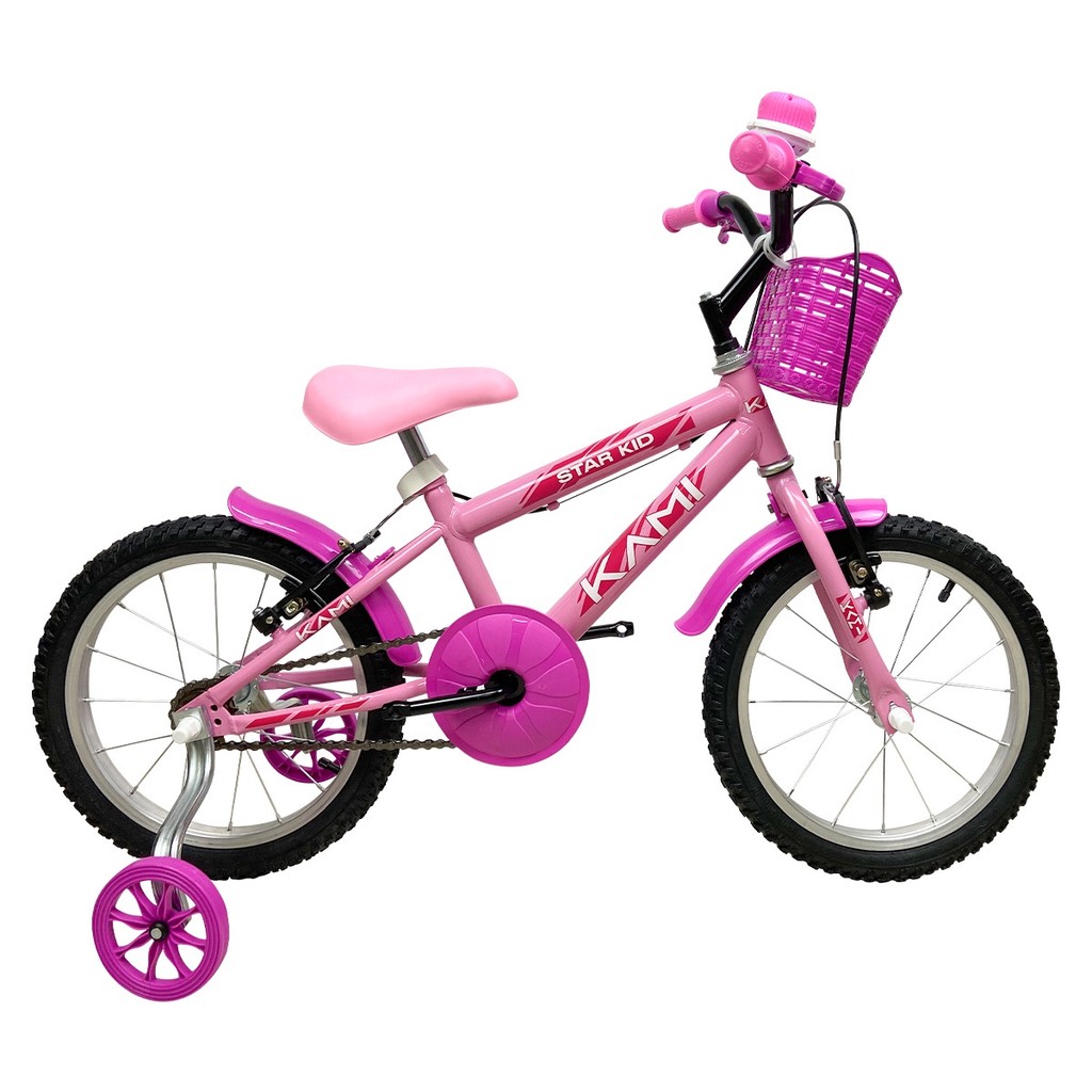 Bicicleta Infantil Aro 16 Rosa  Kami c/ Rodinhas para Meninas Feminina Cestinha Buzina C/ Adesivos Unicórnio