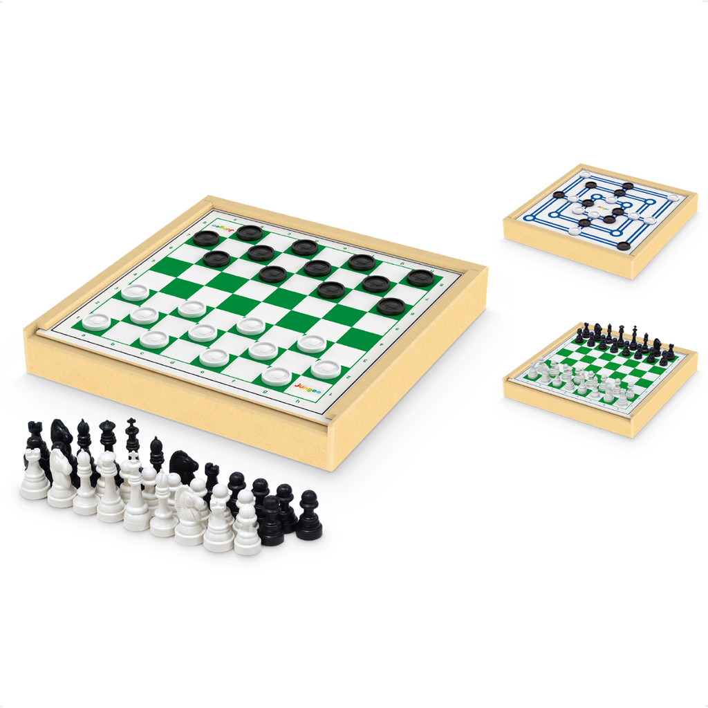 Jogo Tabuleiro 3 em 1 Xadrez Dama Trilhas Estojo Deluxe Madeira  27x27cm Antigo Estratégia Junges