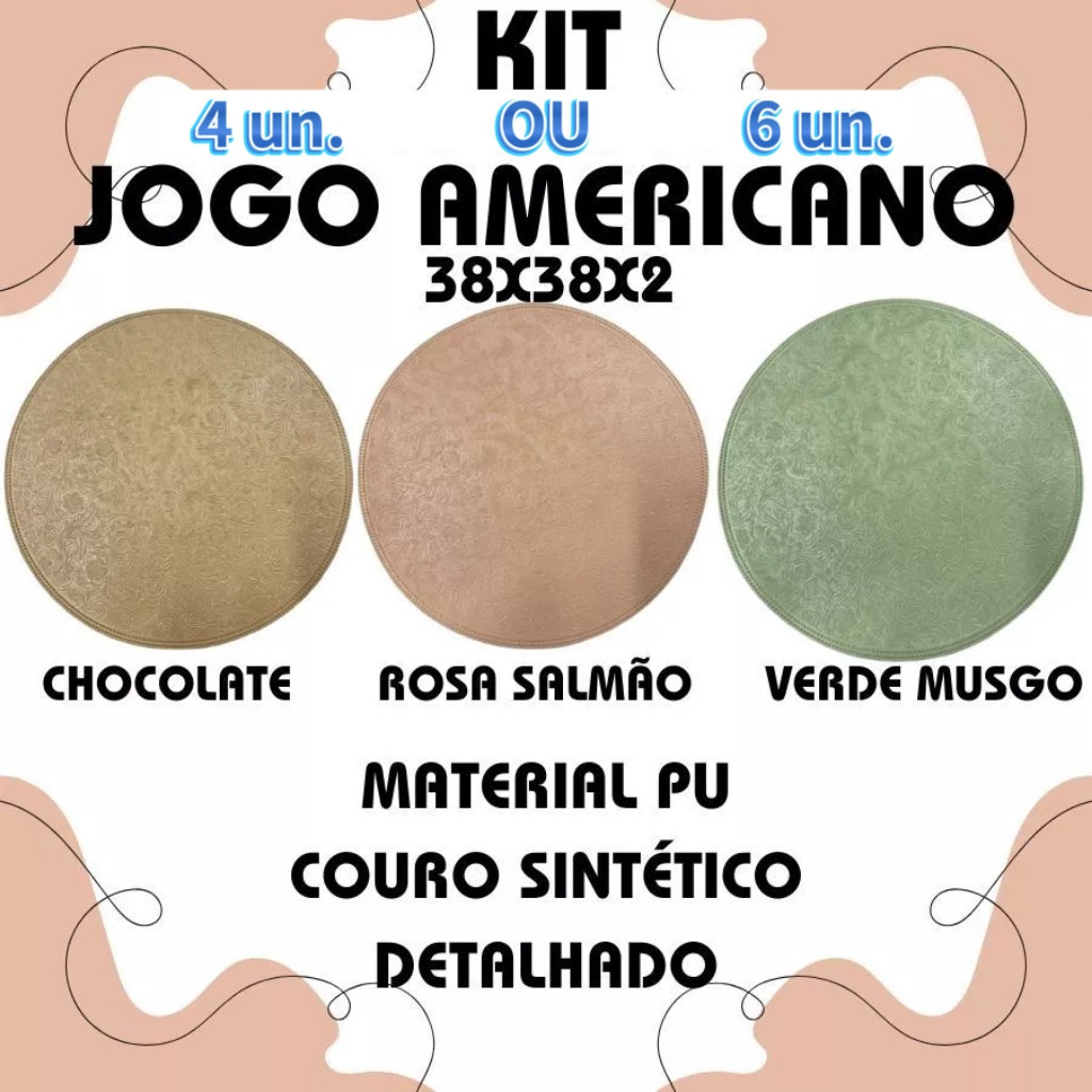 Kit Jogo Americano 4 Ou 6 Un. Cores Chocolate E Rosa Salmão E Verde Musgo Jantar Decorativo