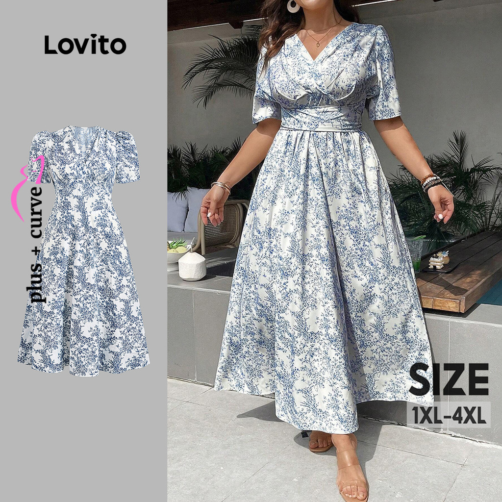 Lovito Vestido Feminino Plus Size Floral com Costura Envolvente Verão/Primavera LBL24096 em Oferta na Shopee