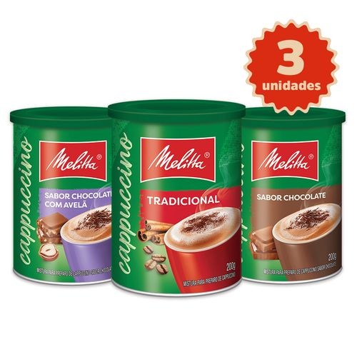 Kit 3 Cappuccinos Melitta® 200g cada Tradicional + Chocolate + Chocolate com Avelã em Oferta na Shopee