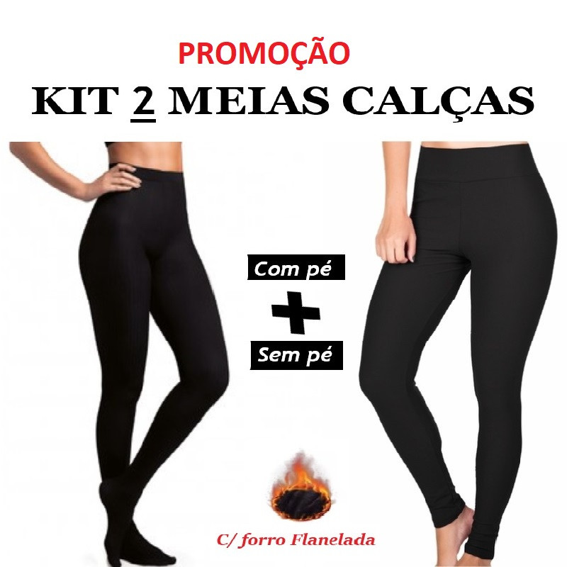 KIT 2 Meias Calças Flanelada Térmica Com e Sem pé Cintura Alta FIO 80 Preta Com Meia interna forrada