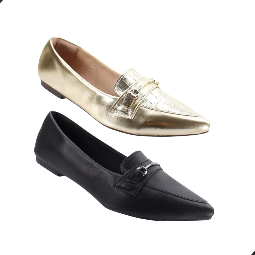 Kit 2 Pares De Sapatilha Mocassim Bico Fino Preto e Dourado Casual Confortável em Oferta na Shopee