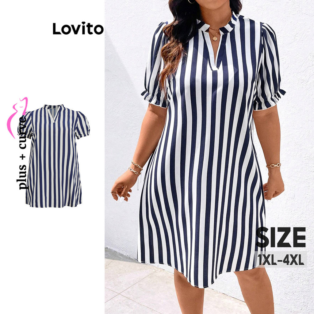 Lovito Vestido Curvo Plus Size Boho Listrado Com Babados E Botões Para Mulheres LBL15492 em Oferta na Shopee