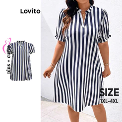Lovito Casual Vestido Curvo Plus Size Listrado Com Babados E Botões Para Mulheres LBL15492