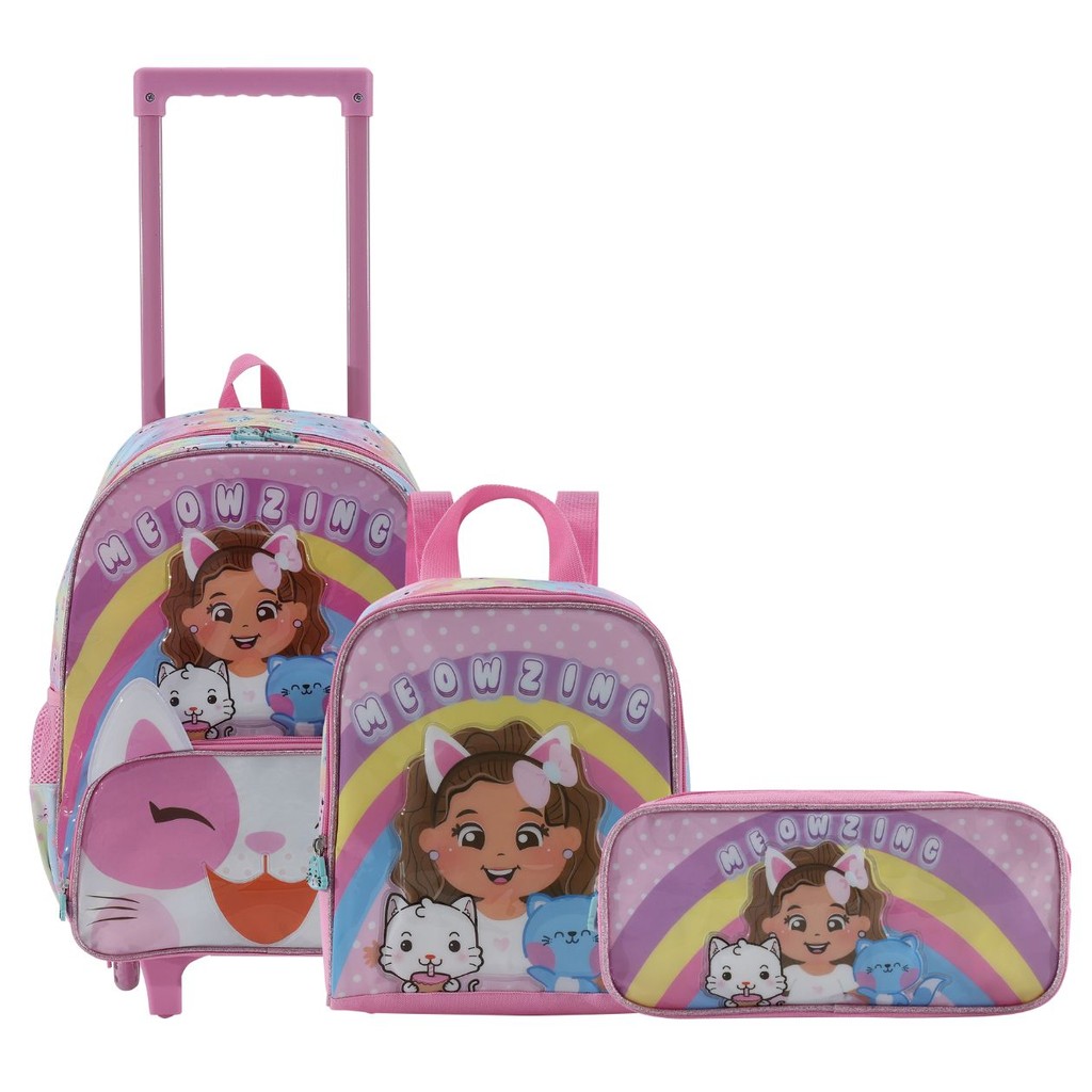 Mochila com Rodinhas + Estojo e Lancheira Infantil para Meninas - Gatinha Meow