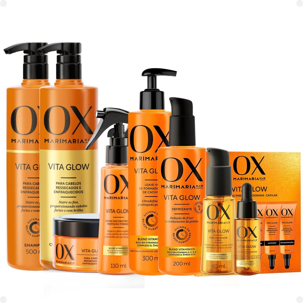 Kit Ox Mari Maria Hair Vita Glow: Shampoo, Condicionador, Máscara, Ampola, Sérum, Leave-In, Defrizante, Óleo e Tônico
