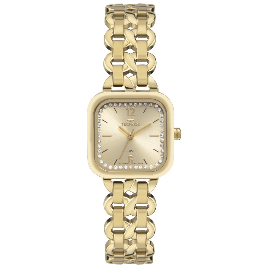 Relogio Technos original feminino pequeno mini quadrado cravejado com pedrinhas pulseira de elos dourado 2035NAT/1D