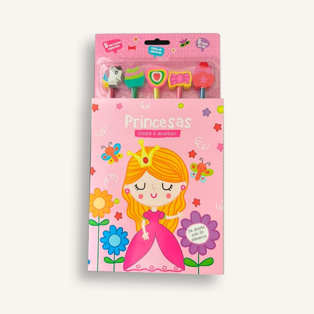 Colorir é divertido - Se divirta com 50 adesivos + Lápis + Borracha | Princesas em Oferta na Shopee