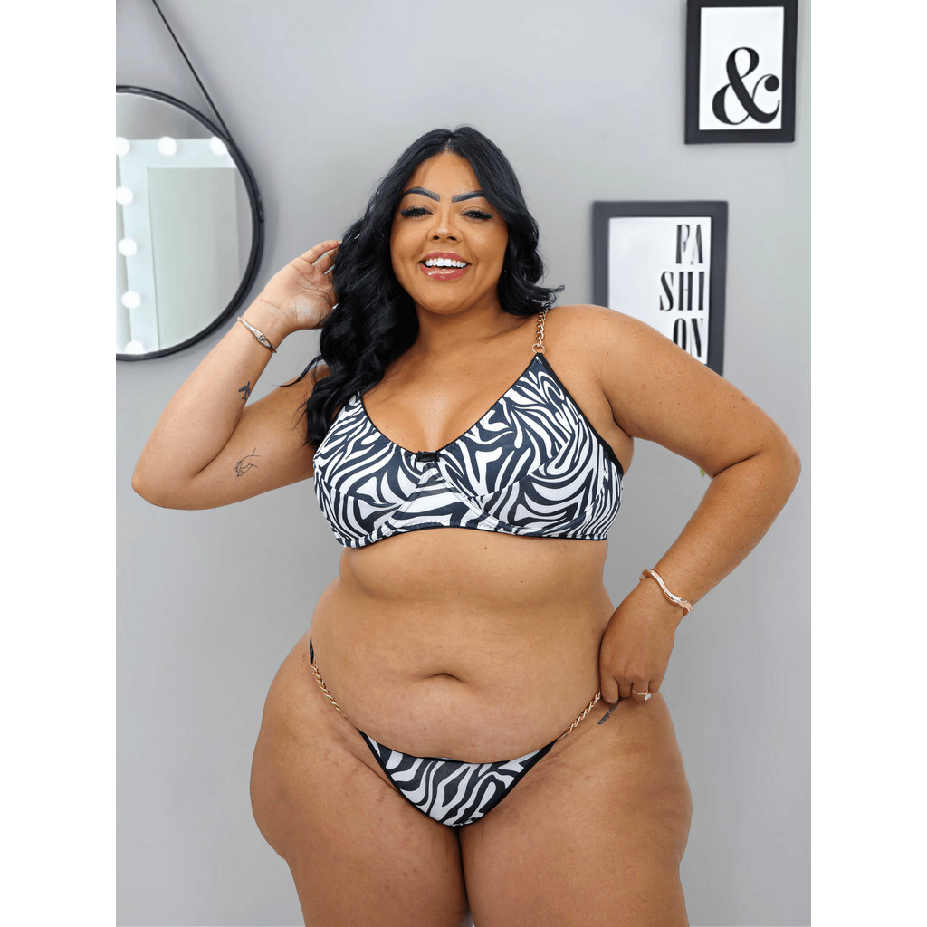 Conjunto de Lingerie Plus Size Corrente Dourada Estampas Animal Print Sexy Feminino Lançamento
