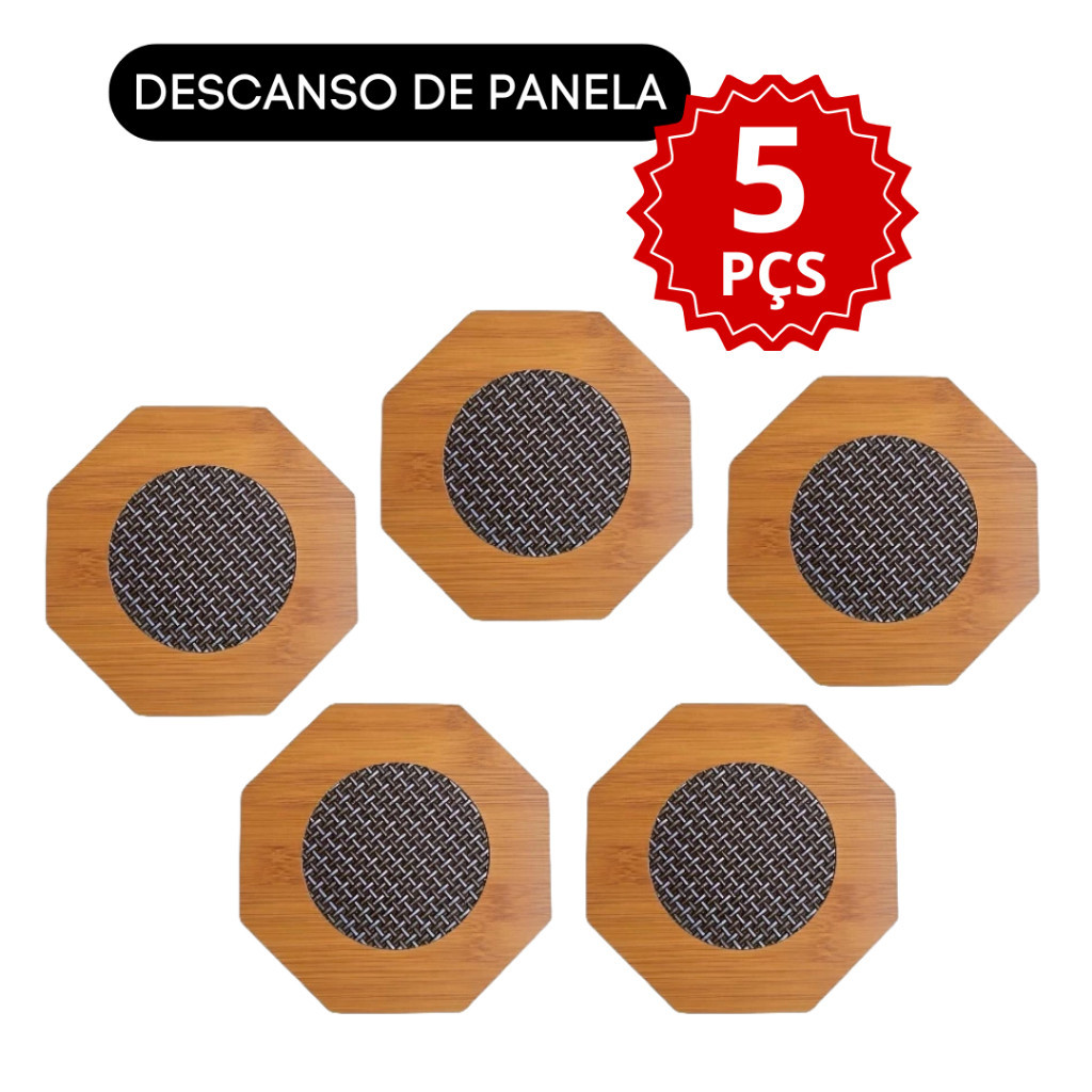 Kit 5 Peças Descanso De Panela De Bambu Porta Apoio Panela Mdf