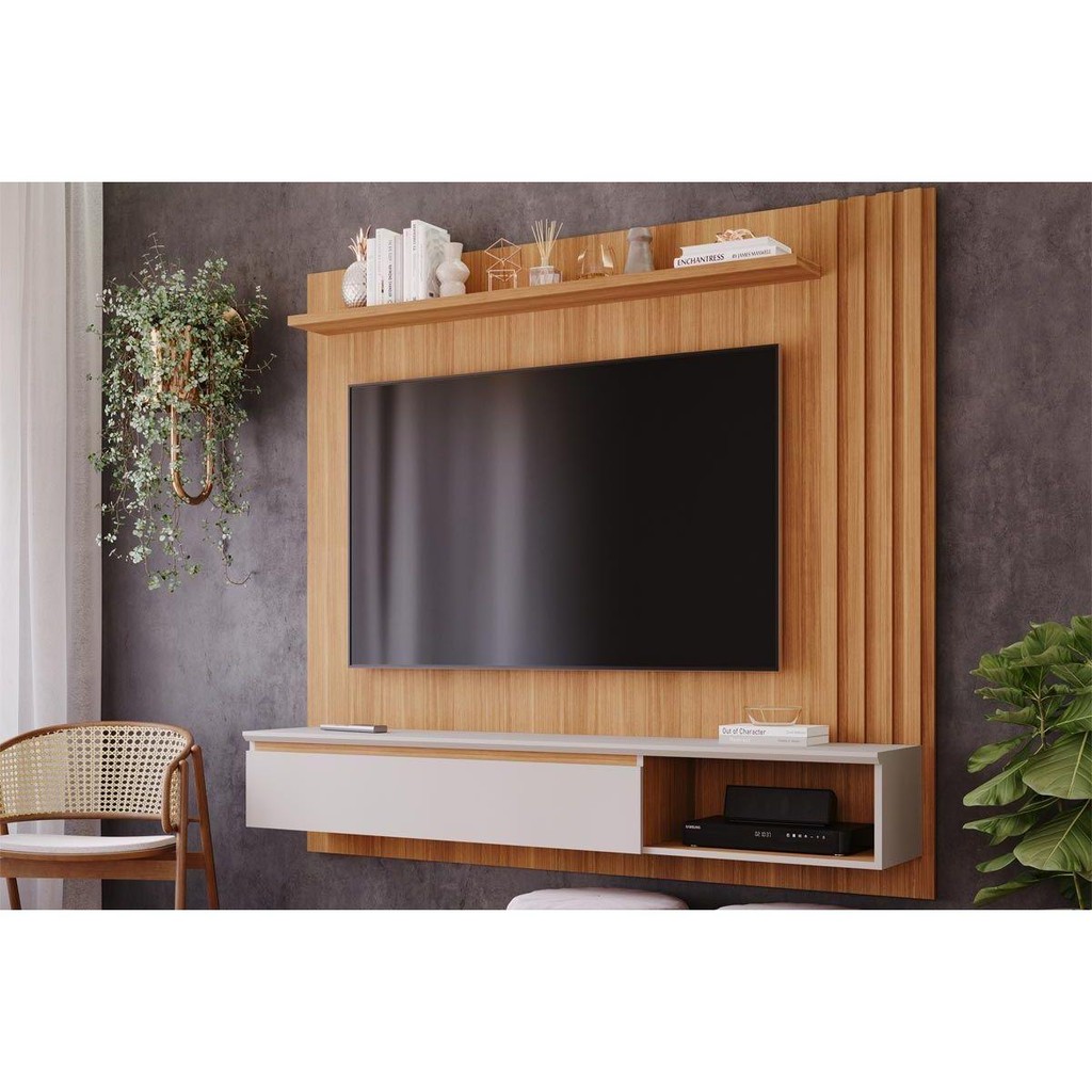 Painel Home p/TV até 60 Polegadas Panama Plus Ripado c/ Prateleira 162x157cm Nature/Off White - Permóbili