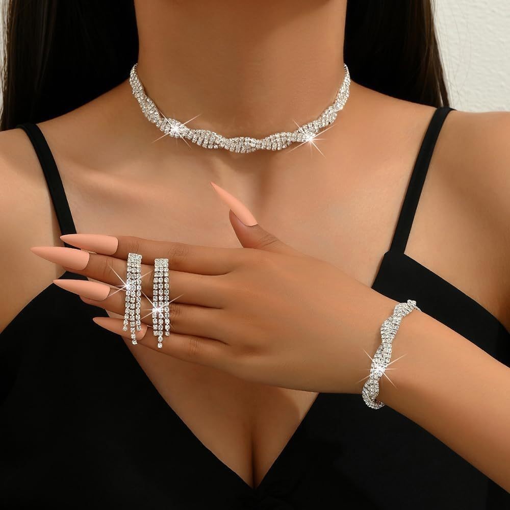 (Conjunto de três peças) Conjunto de colar e pulseira de zircônia para casamento feminino, conjunto de joias 3 em 1 em Oferta na Shopee