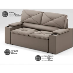 Sofá com Porta Copos Retrátil e Reclinável Pop 1,54m Velosuede Capuccino - NETSOFAS