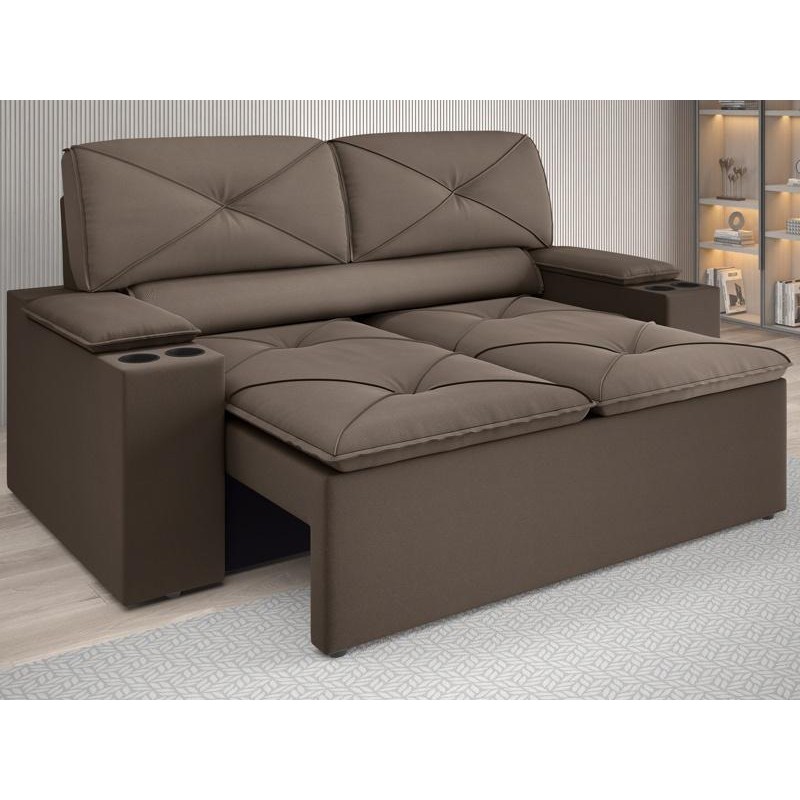 Sofá com Porta Copos Retrátil e Reclinável Pop 1,54m Velosuede Marrom - NETSOFAS