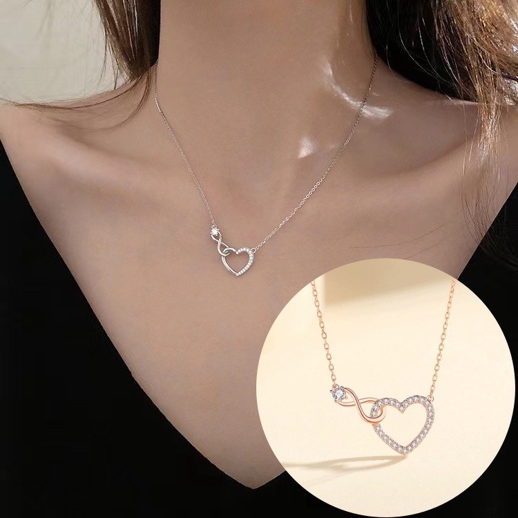 Colar Feminino Coração Infinito Com Strass Delicado Romântico Prata Rose Bijuteria Presente Namorada Luxo